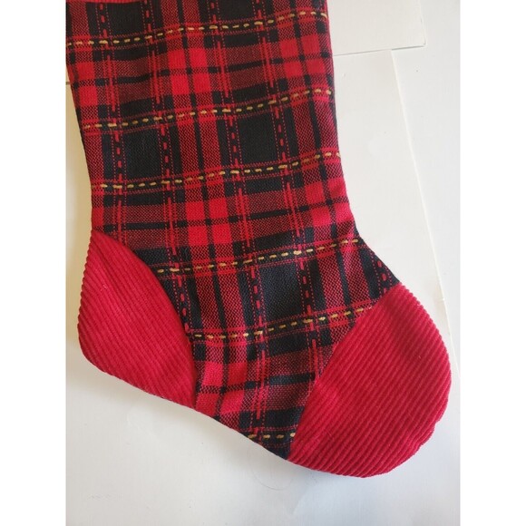 Classic Plaid Christmas Stocking Red W/ Corduroy Detail Festive Country Decor - Picture 4 of 7